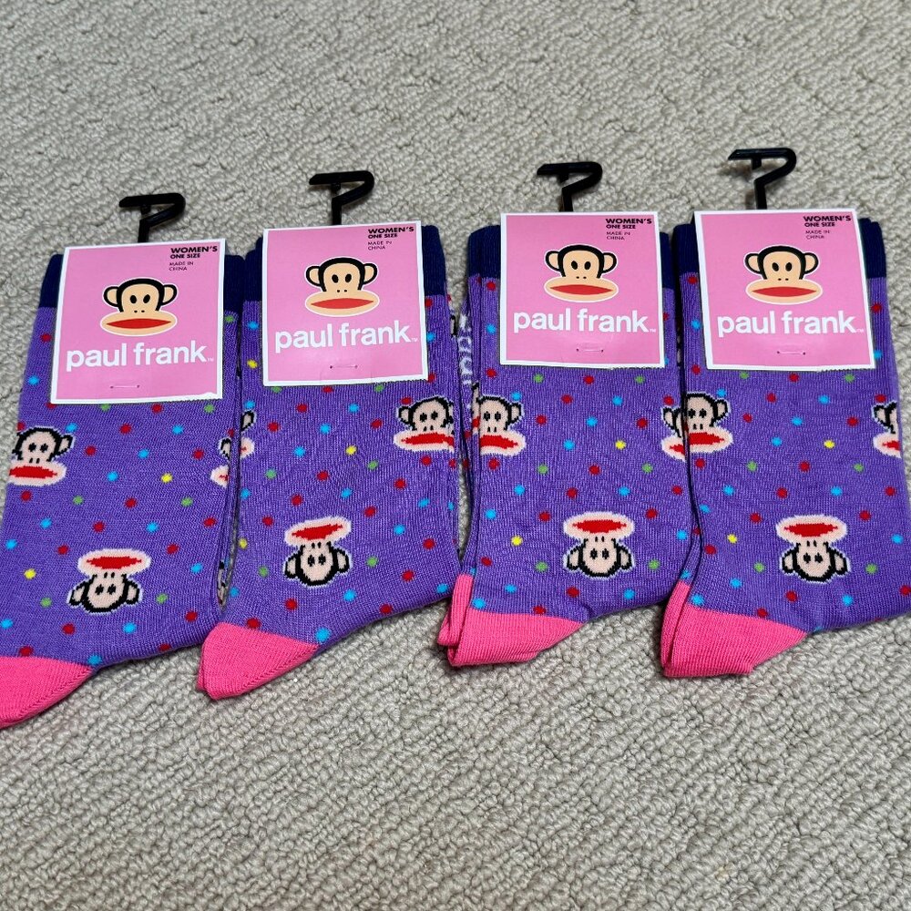 4 Purple Paul Frank New Novelty Crew Socks Size 6-12/13 - Men's/Women's -